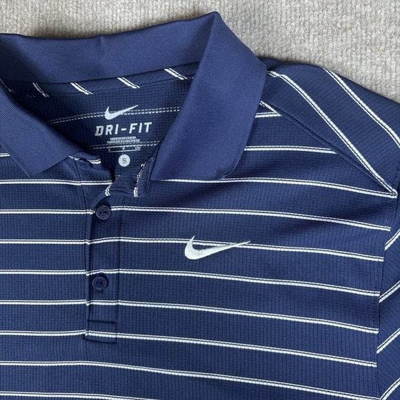 Nike Other - Nike Dri-FIT Polo Shirt Men's Small Navy Blue White Striped Golf Swoosh